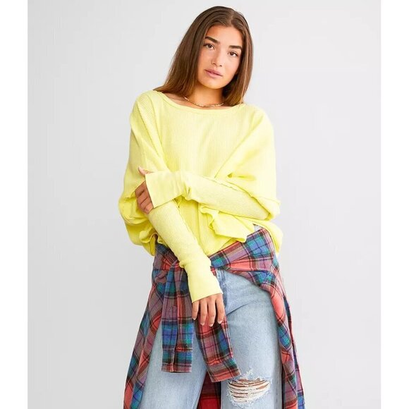 FREE PEOPLE Microphone Drop-Shoulder Cotton Thermal Top in Lemon Grass X-Small - Picture 1 of 9